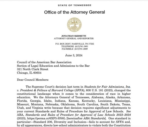 Tennessee is leading a 21-state fight to remove race-ba<em></em>sed criteria from the American Bar Association's accreditation process.