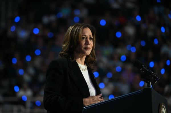 US Vice President Kamala Harris speaking at a campaign rally at the Bojangles Coliseum in Charlotte, 2024