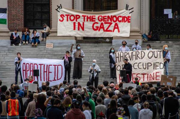 Protestors hold a demo<em></em>nstration in Cambridge, Mass to show their support for Palestinians following Hamas' Oct. 7 attack on Israel.