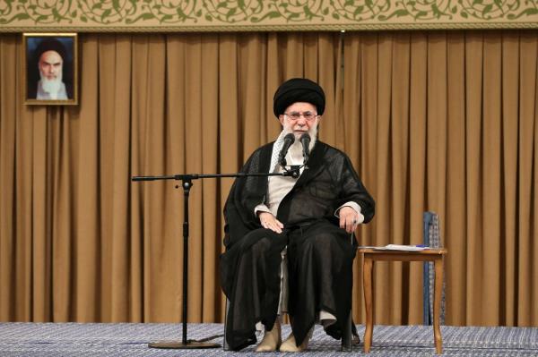 Iran's Supreme Leader Ayatollah Ali Khamenei shows him greeting an audience during a speech in Tehran on September 25, 2024. 