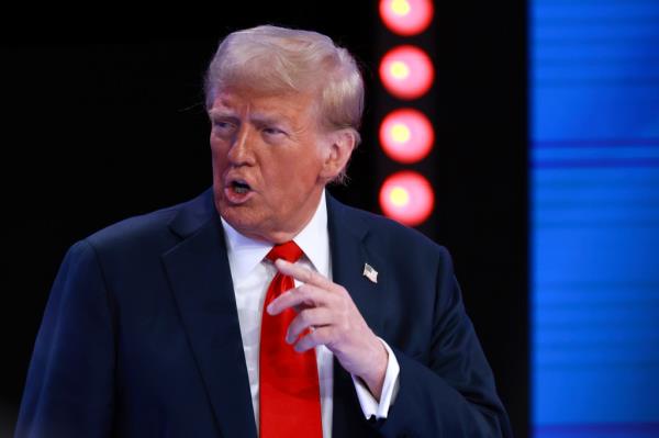 Republican presidential nominee, former U.S. President Do<em></em>nald Trump speaks during a Univision Noticias town hall event on October 16, 2024 in Doral, Florida.