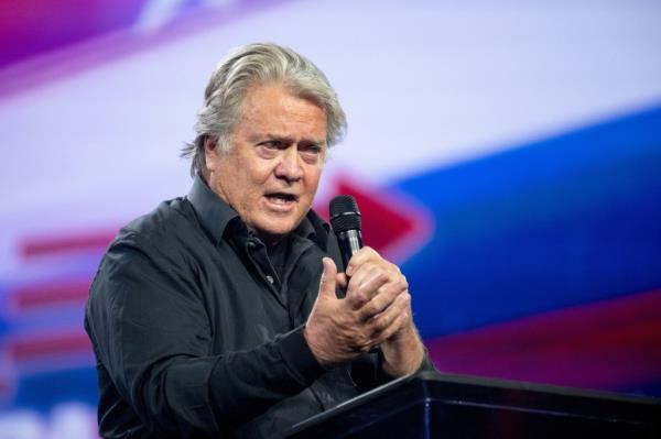 Steve Bannon speaks as co<em></em>nservative leaders and perso<em></em>nalities attend Turning Point USA's AmericaFest 2023 in Phoenix, Arizona, U.S. 