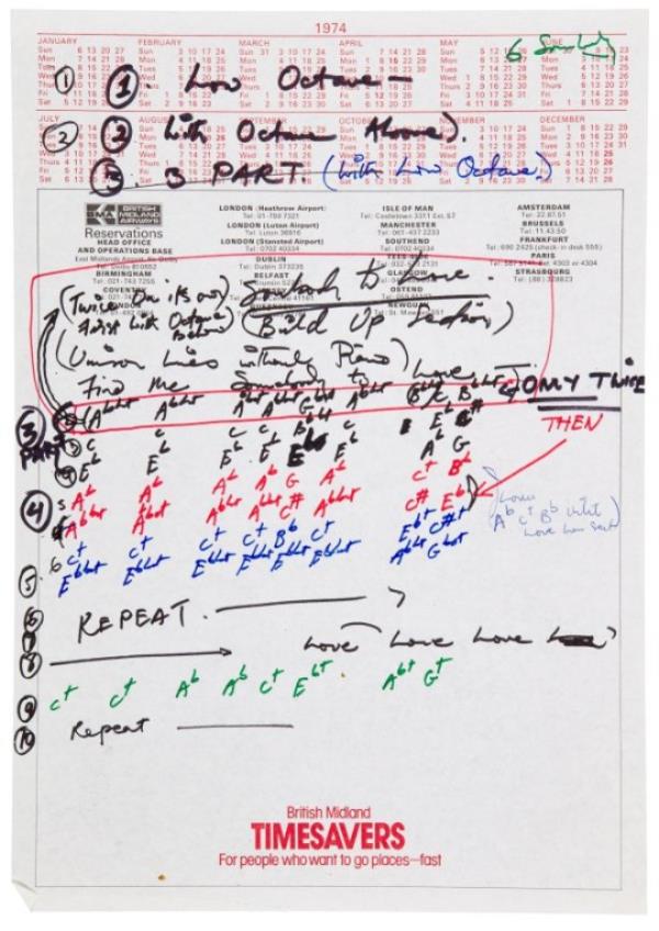 Autograph working lyrics to Somebody to Love (c. 1976) est. ?150,000 - ?200,000 ? Queen Music Ltd _ Sony Music Publishing UK Ltd