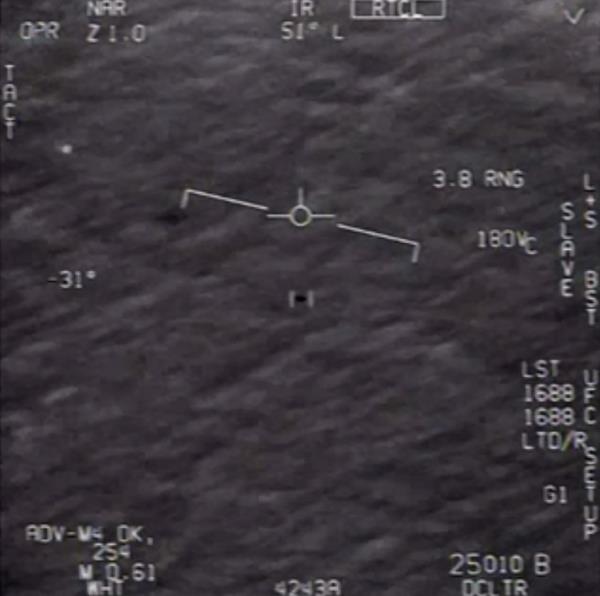 This file video grab from April 28, 2020 courtesy of the US Department of Defense shows part of an unclassified video taken by Navy pilots that has circulated for years showing interactions with “unidentified aerial phenomena.”