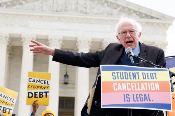 Bernie Sanders at a microphone, advocating for student debt cancellation