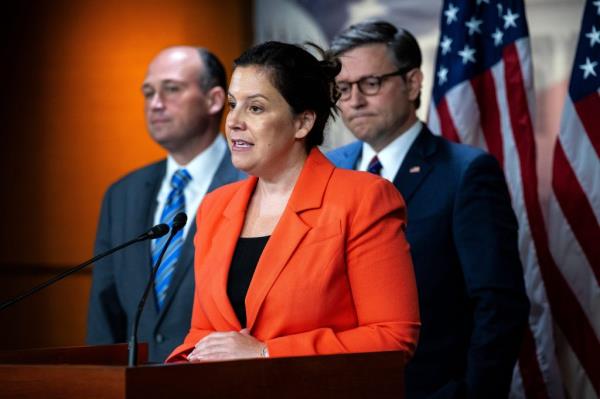 Representative Nick Langworthy, a Republican from New York, from left, Representative Elise Stefanik, a Republican from New York, and US House Speaker Mike Johnson, a Republican from Louisiana, during a news co<em></em>nference at the US Capitol in Washington, DC, US, on Tuesday, July 23, 2024.