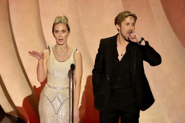 Emily Blunt and Ryan Gosling o<em></em>nstage at the Oscars