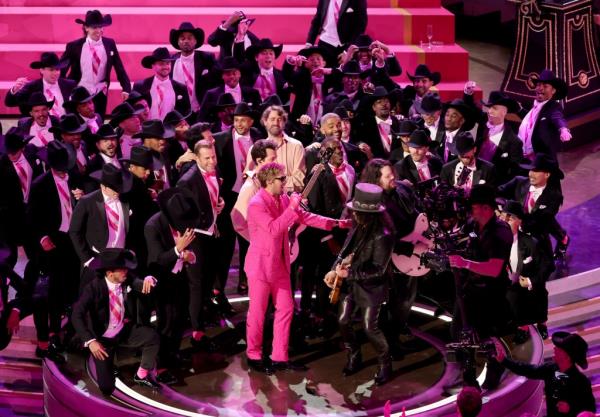 Ryan Gosling in pink performing I'm Just Ken at the Oscars.