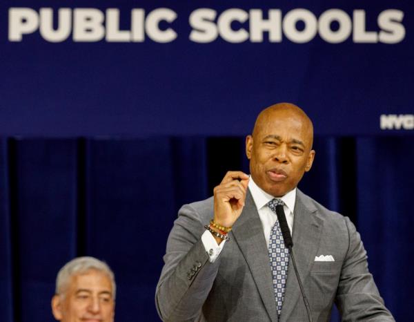 Mayor Eric Adams speaks at a schools event.