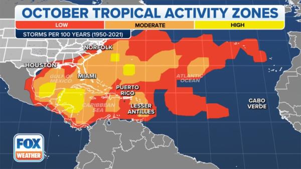 This map shows wher<em></em>e tropical cyclone activity tends to occur during October. The data are shown as the combined number of tropical depressions, tropical storms and hurricanes whose centers pass within 125 miles of a point on the map during a 100-year period. The analysis is ba<em></em>sed on data from the 72-year period from 1950 to 2021 but normalized to 100 years.