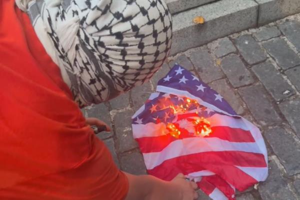 Another protester torched an American flag in front of the bro<em></em>nze memorial depicting seven WWI foot soldiers in battle. 