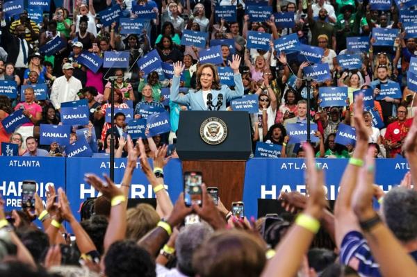 Harris gestures as she speaks at a campaign event in Atlanta, Georgia, on July 30, 2024. 