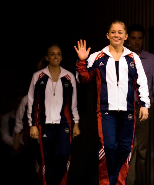 Shawn Johnson, right, and Nastia Liukin lead the 2008 US Olympic team into the gym as they are announced on the final day of the USA Gymnastics Olympic selection camp on Jul. 19, 2008.