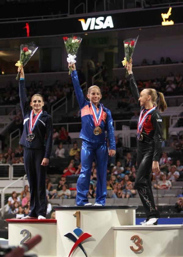 Shawn Johnson (center, first) and Nastia Liukin (right, third) celebrate on the podium during the 2007 Visa Gymnastics Champio<em></em>nship on Aug. 18, 2007 in San Jose, Calif. 