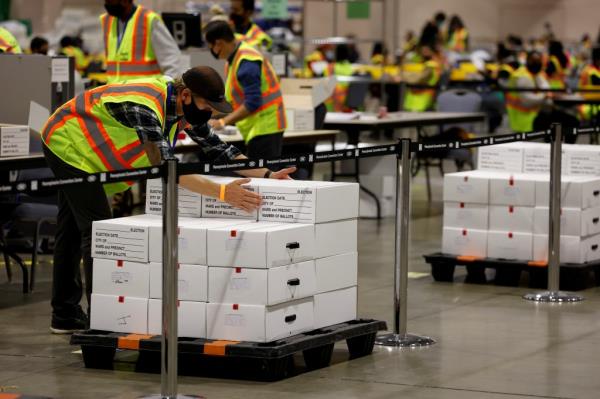 Votes are counted at the Pennsylvania Co<em></em>nvention Center on Election Day in Philadelphia, Pennsylvania, November 3, 2020. 