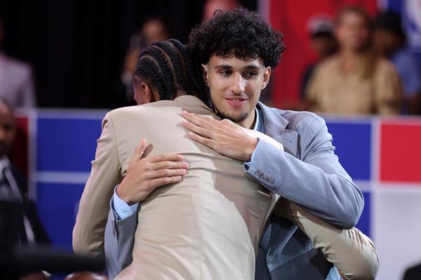 Zaccharie Risacher reacts after being selected first overall by the Atlanta Hawks in the first round of the 2024 NBA Draft at Barclays Center. 