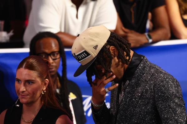 Stephon Castle reacts after being drafted fourth overall by the San Anto<em></em>nio Spurs during the first round of the 2024 NBA Draft at Barclays Center.