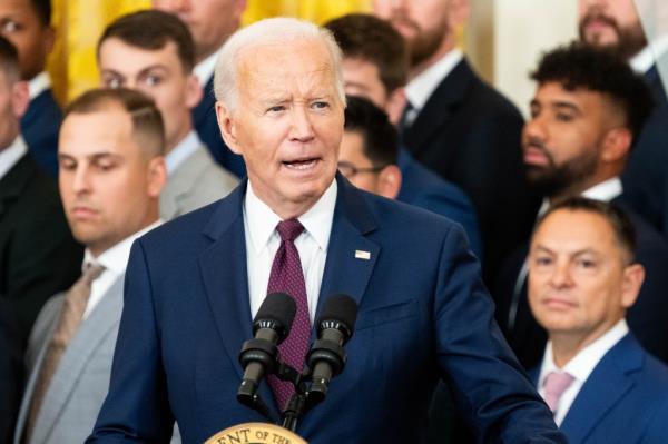 President Joe Biden speaking at an event to celebrate the 2023 World Series champion Texas Rangers at the White House in Washington, D.C.