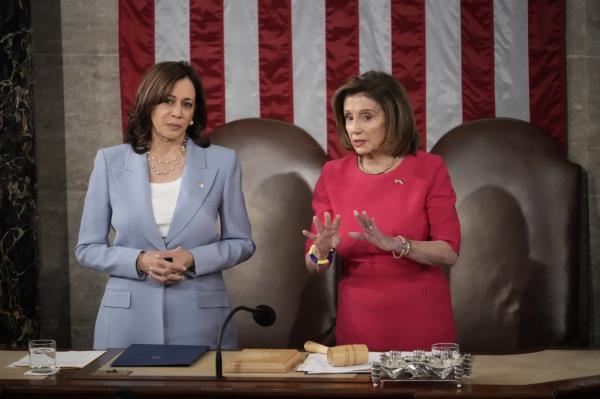 Vice President Kamala Harris (L) and Speaker of the House Nancy Pelosi (D-CA) await the arrival of Greek Prime Minister Kyriakos Mitsotakis in the House Chamber of the U.S. Capitol on May 17, 2022 in Washington, DC.