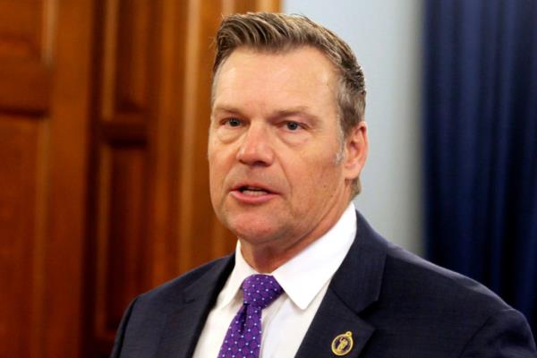 Kansas Attorney General Kris Kobach speaks during a news conference, Thursday, March 28, 2024, at the Statehouse in Topeka, Kansas