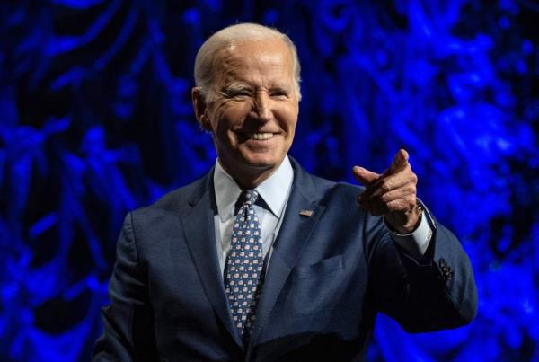 US President Joe Biden points to the crowd after speaking during the League of Co<em></em>nservation Voters Annual Capital Dinner, at The Anthem in Washington, DC, on June 14, 2023.