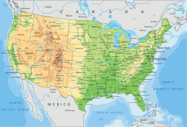 High detailed United States of America physical map with labeling. Organized vector illustration on seprated layers.