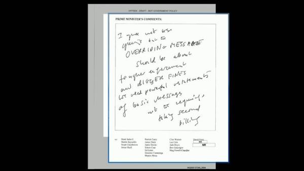 Screen grab from the UK Covid-19 Inquiry Live Stream showing a handwritten note by former prime minister Boris Johnson, in which he called for 'BIGGER FINES'. Issue date: Thursday November 9, 2023.</p>

<p>　　