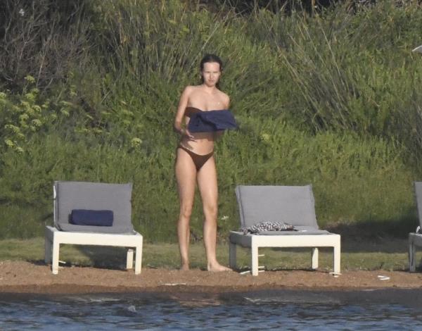 Babette Strijbos in her tan-colored bathing suit.