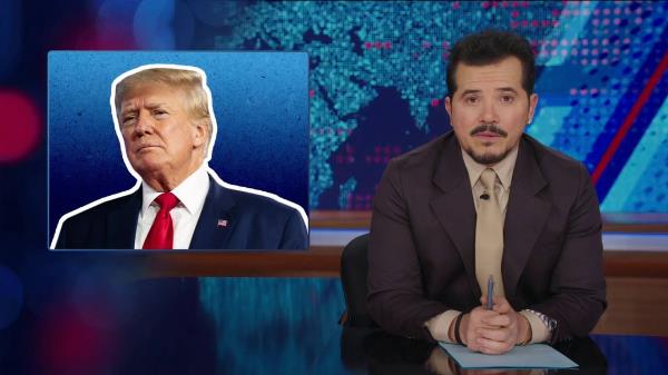 John Leguizamo hosting the Daily Show next to an image of Do<em></em>nald Trump