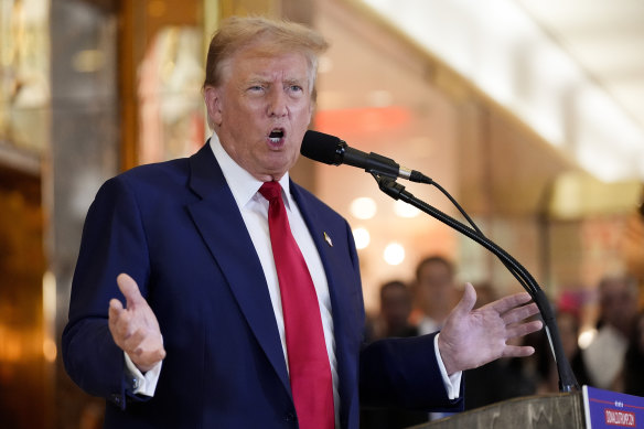 Former President Do<em></em>nald Trump speaks during a news co<em></em>nference at Trump Tower, a day after being criminally convicted.