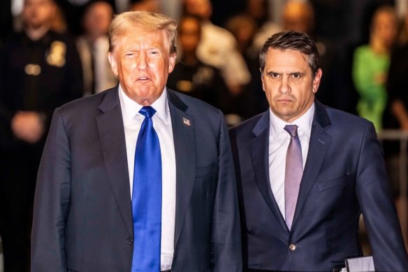 Former US president and co<em></em>nvicted felon Do<em></em>nald Trump with his lawyer, Todd Blanche, after the verdict.