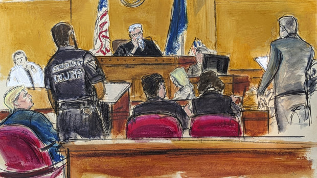 A court sketch of Do<em></em>nald Trump (left) watching as the jury foreman delivers the guilty verdicts in Manhattan Criminal Court.