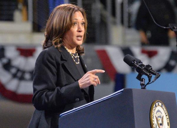 Democratic presidential nominee and current U.S. Vice President Kamala Harris speaks during a rally at Erie Insurance Arena in Erie on Oct. 14, 2024.