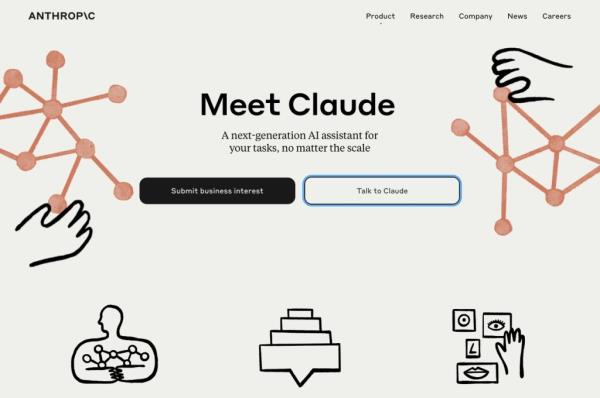 Screenshot of website a<em></em>bout Claude, the chatbot used by Anthropic to generate emails and summarize docu<em></em>ments.