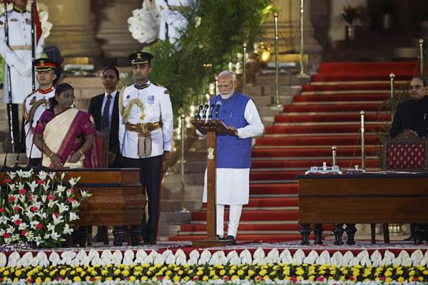 India's Prime Minister Narendra Modi speaks at the oath during a swearing-in ceremony at the presidential palace in New Delhi June 9, 2024. — Reuters pic  