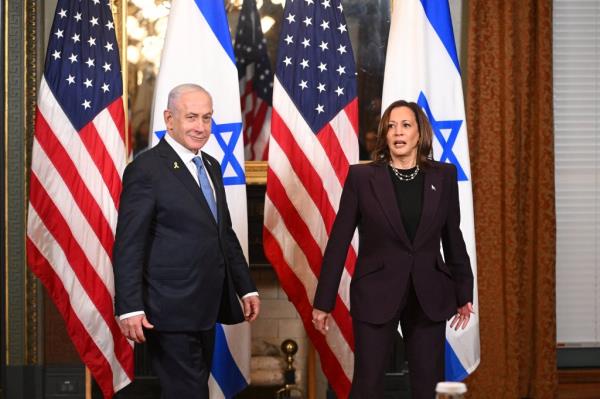 Harris and Israeli Prime Minister Benjamin Netanyahu arrive for a meeting in the Vice President's ceremo<em></em>nial office at the Eisenhower Executive Office Building in Washington, DC, on July 25, 2024.