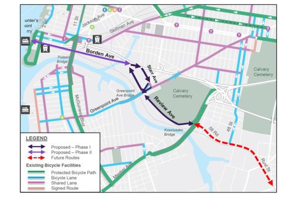 A DOT map showing the proposed protected bile lane co<em></em>nnection from the Pulaski to the Kosciuszko bridge by way of Borden, Starr and Review avenues. 