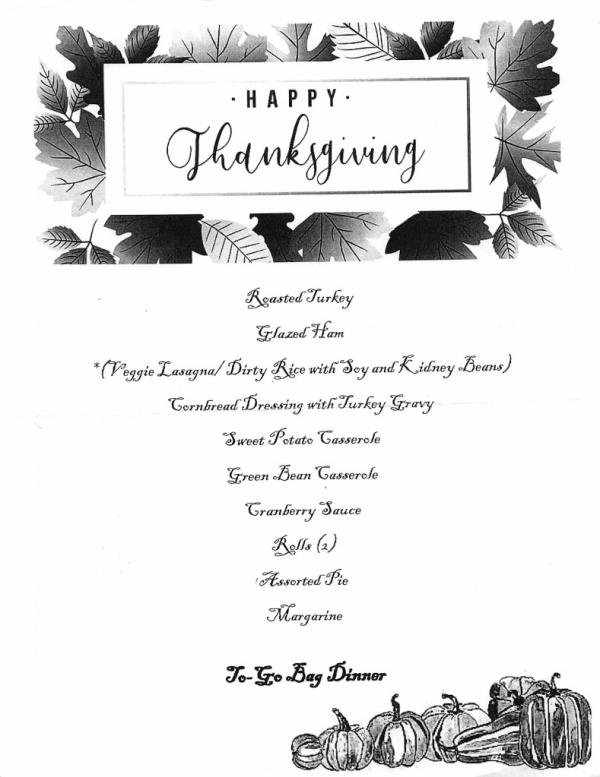 Duggar's low-security institution's Thanksgiving menu.