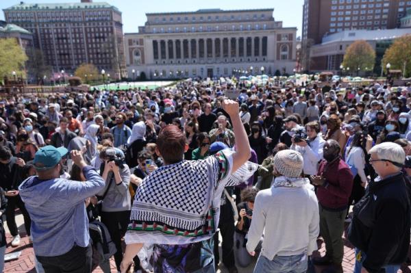 People gather at a faculty rally to protect academic freedom at Columbia University on Monday.