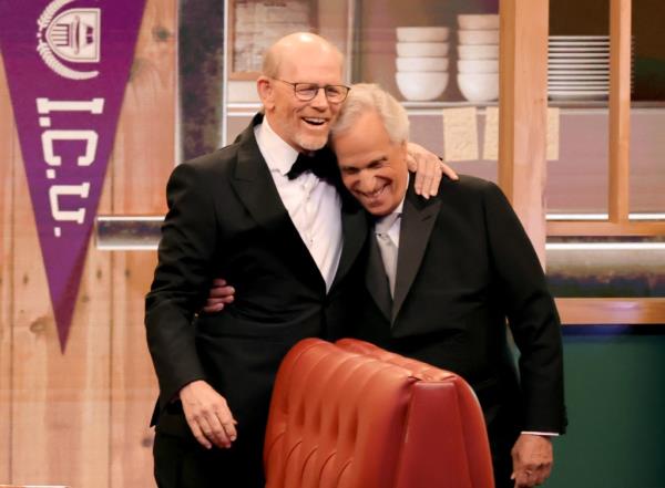 Ron Howard and Henry Winkler speak o<em></em>nstage during the 76th Primetime Emmy Awards.