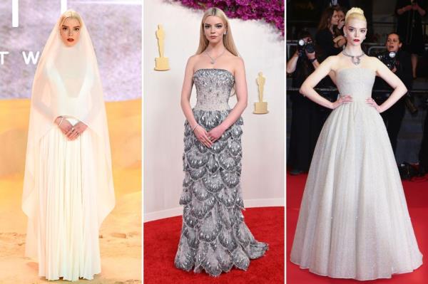 Collage of Anya Taylor-Joy in three different Dior dresses.