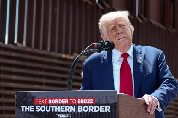 Former President Do<em></em>nald Trump speaking a<em></em>bout immigration and border security near Coro<em></em>nado Natio<em></em>nal Memorial, Arizona in 2024