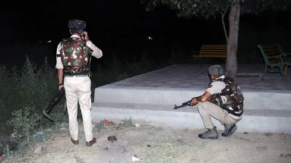 Security perso<em></em>nnel are in a position as an operation is going on after villagers in the Hiranagar area of Kathua heard some gunshots on Tuesday. Photo: ANI Photo