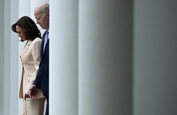 Vice President Kamala Harris and US President Joe Biden arrive to deliver remarks during Natio<em></em>nal Small Business Week, in the Rose Garden of the White House in Washington, DC, on May 1, 2023.