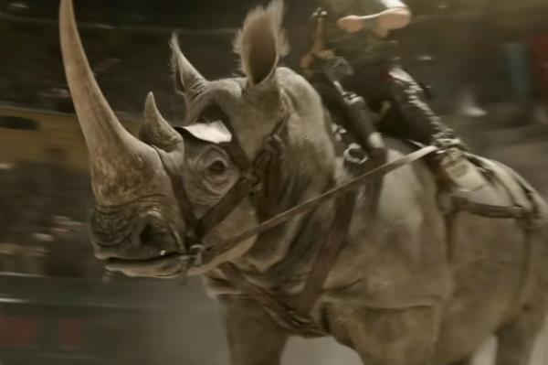 Paul Mescal in Gladiator II, riding a single-horned rhinoceros in a movie scene