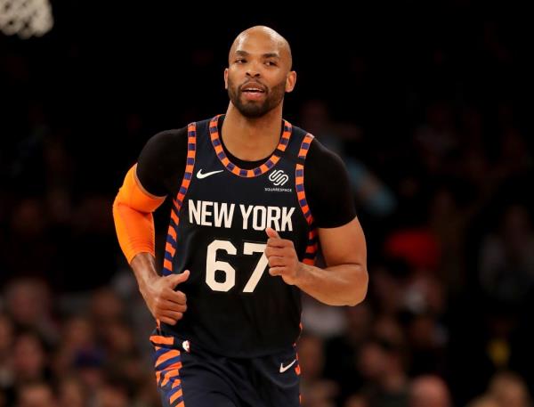 Taj Gibson #67 of the New York Knicks celebrates his shot