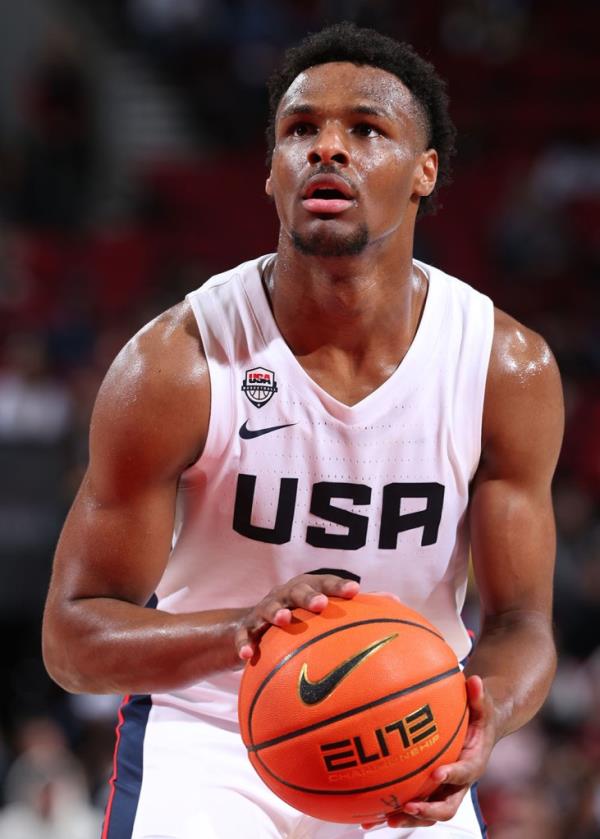 Bro<em></em>nny James #6 of Team USA shoots a foul shot during the 2023 Nike Hoop Summit on April 8, 2023 at the Moda Center Arena in Portland, Oregon.  