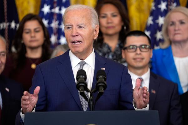 President Biden speaks during an event marking the 12th anniversary of the Deferred Action of Childhood Arrivals program, in the East Room of the White House, Tuesday, June 18, 2024, in Washington.