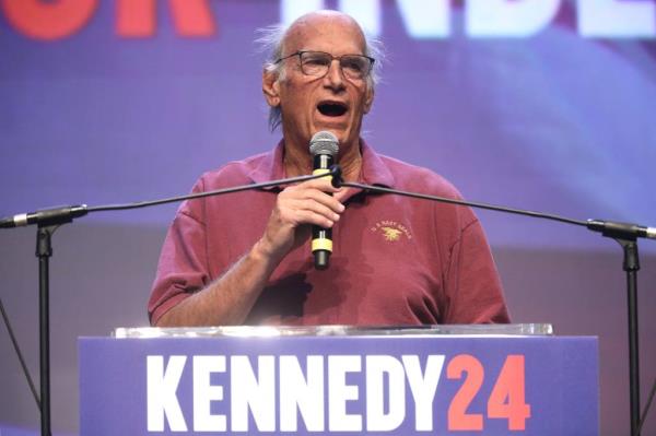 Former Governor Jesse Ventura speaks at a voter rally for Robert F. Kennedy Jr. at the Fox Theatre in Tucson, Arizona. 