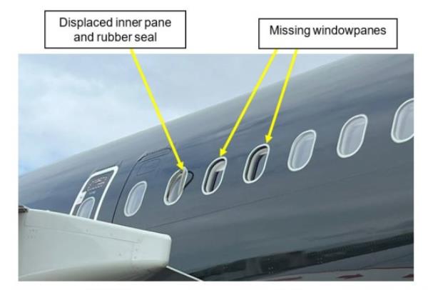 Undated handout photo issued by the Air Accidents Investigation Branch (AAIB) of an Airbus A321 whose windows had been damaged during filming. Issue date: Friday November 3, 2023. PA Photo. A plane took off from Stansted Airport with missing windows due to damage caused by high-powered lights during a filming event. The Air Accidents Investigation Branch (AAIB) said the Airbus A321 jet, previously used by the Government, returned to the Essex airport after a crew member discovered the issue early in the flight last month. See PA story AIR Windows. Photo credit should read: AAIB/PA Wire NOTE TO EDITORS: This handout photo may o<em></em>nly be used in for editorial reporting purposes for the co<em></em>ntemporaneous illustration of events, things or the people in the image or facts mentio<em></em>ned in the caption. Reuse of the picture may require further permission from the copyright holder.